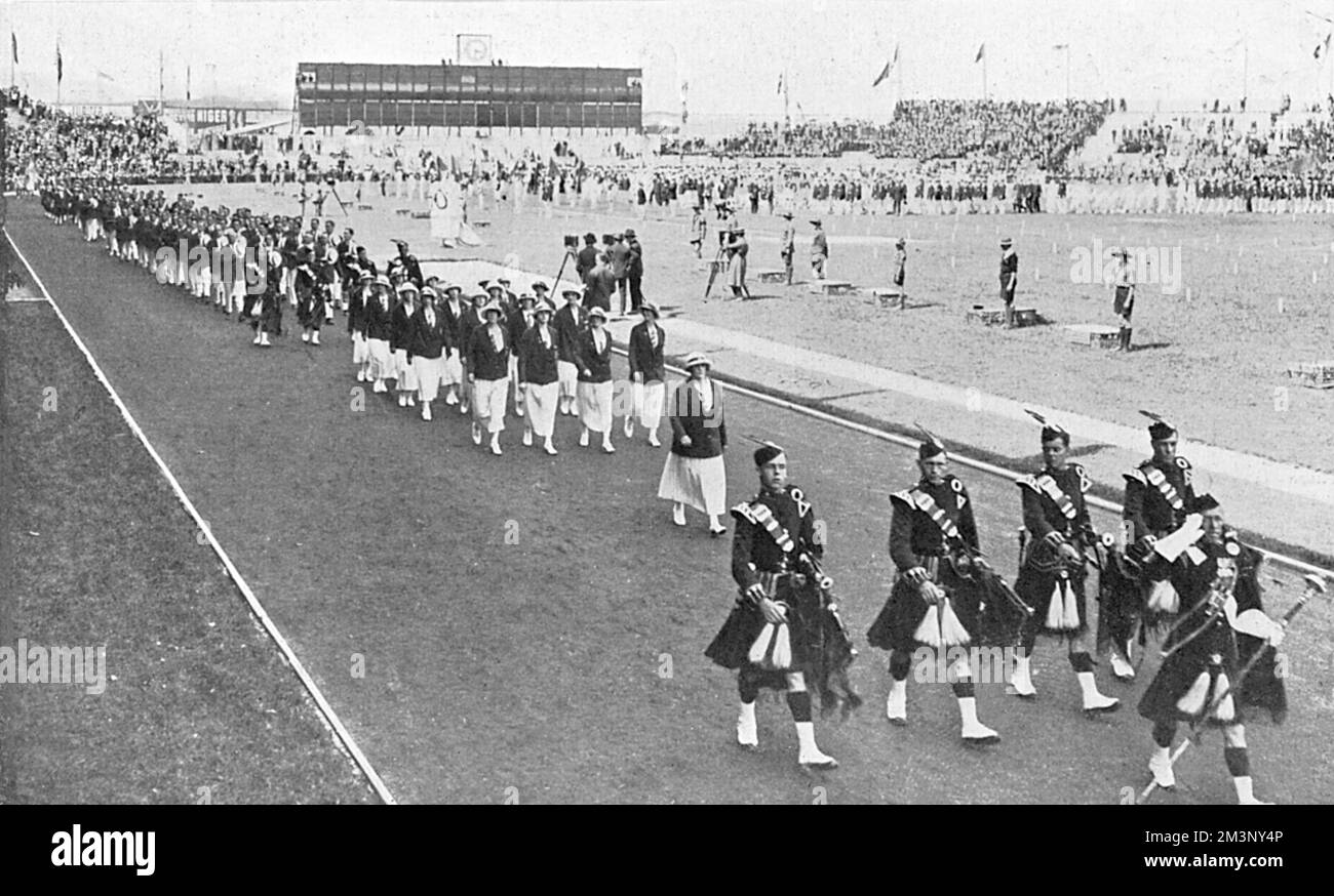 Opening Ceremony of the 1924 Olympic Games in Paris, showing the British team marching past headed by pipers.  The ceremony was attended by the Prince of Wales, his brother Prince Henry and President Doumergue.     Date: 1924 Stock Photo