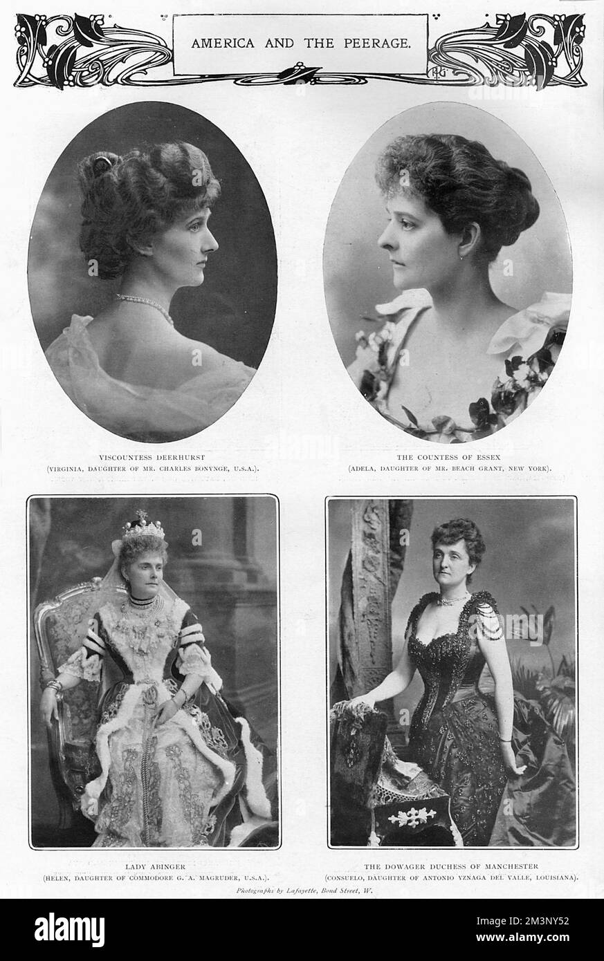 Page from a supplement of The Sketch magazine with four portraits of wealthy American heiresses, who married into the British aristocracy.  Clockwise from top left, Viscountess Deerhurst (Virginia, daughter of Mr Charles Bonynge), the Countess of Essex (Adela, daughter of Mr Beach Grant, New York), the Dowager Duchess of Manchester (Consuelo, daughter of Antonio Yznaga del Valle, Louisiana) and Lady Abinger (Helen, daughter of Commodore G. A. Magruder).       Date: 1903 Stock Photo