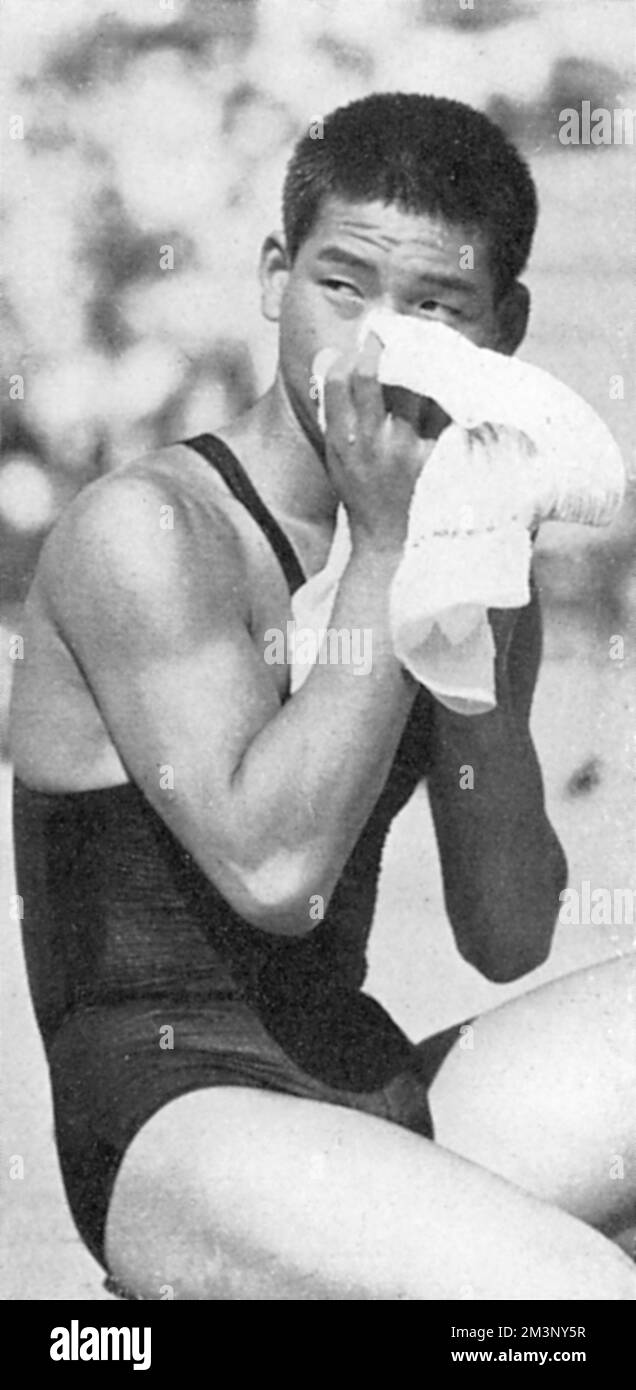 Japanese swimming champion and Olympic gold medallist, 15 year old Yasuji Miyazaki, pictured at the 1932 Los Angeles Olympic Games were he won a gold medal in the 100 metres freestyle.  He won another in the men's 200m freestyle relay.      Date: 1932 Stock Photo