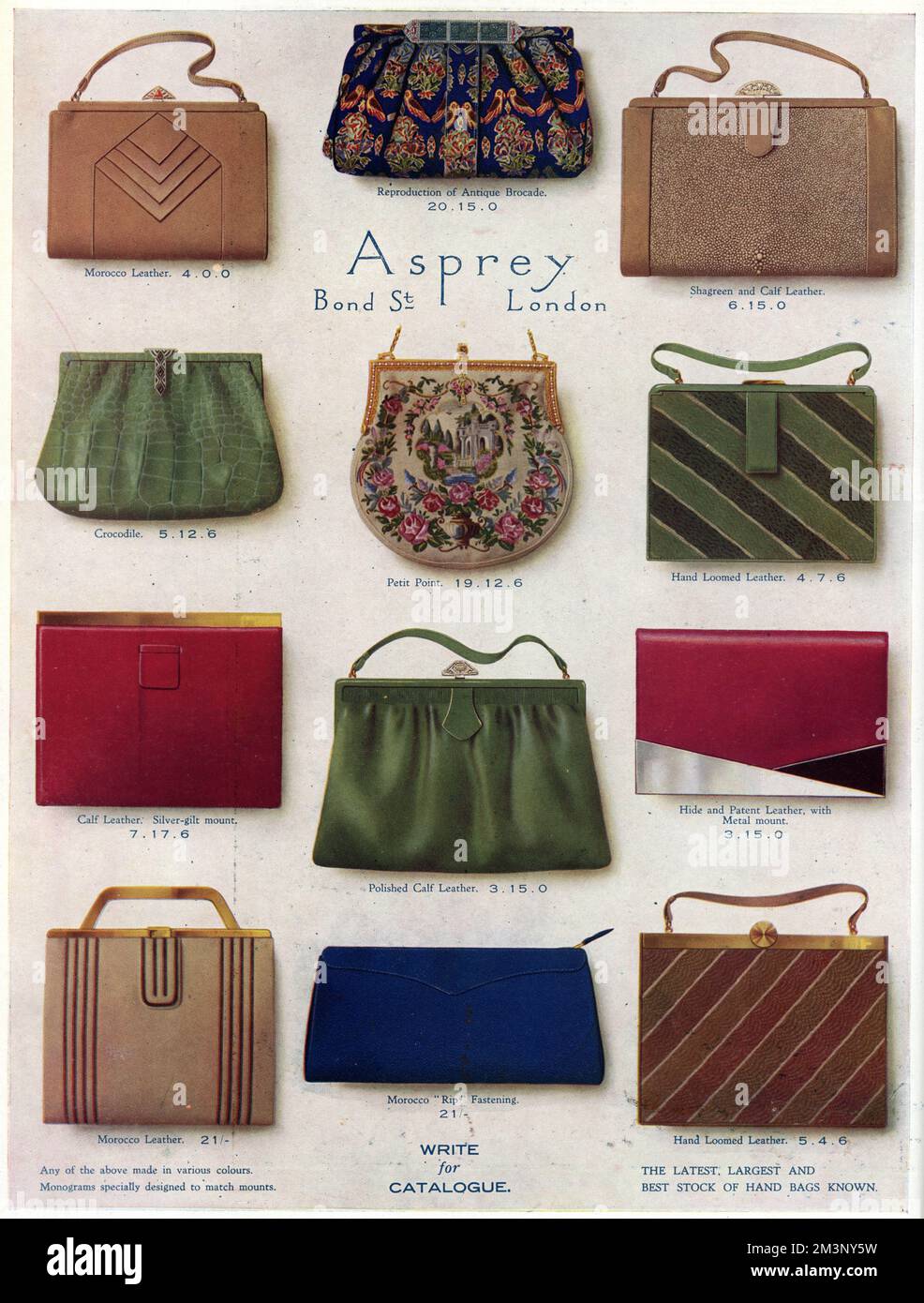 A selection of 1920s clutch handbags, made of various types of leather