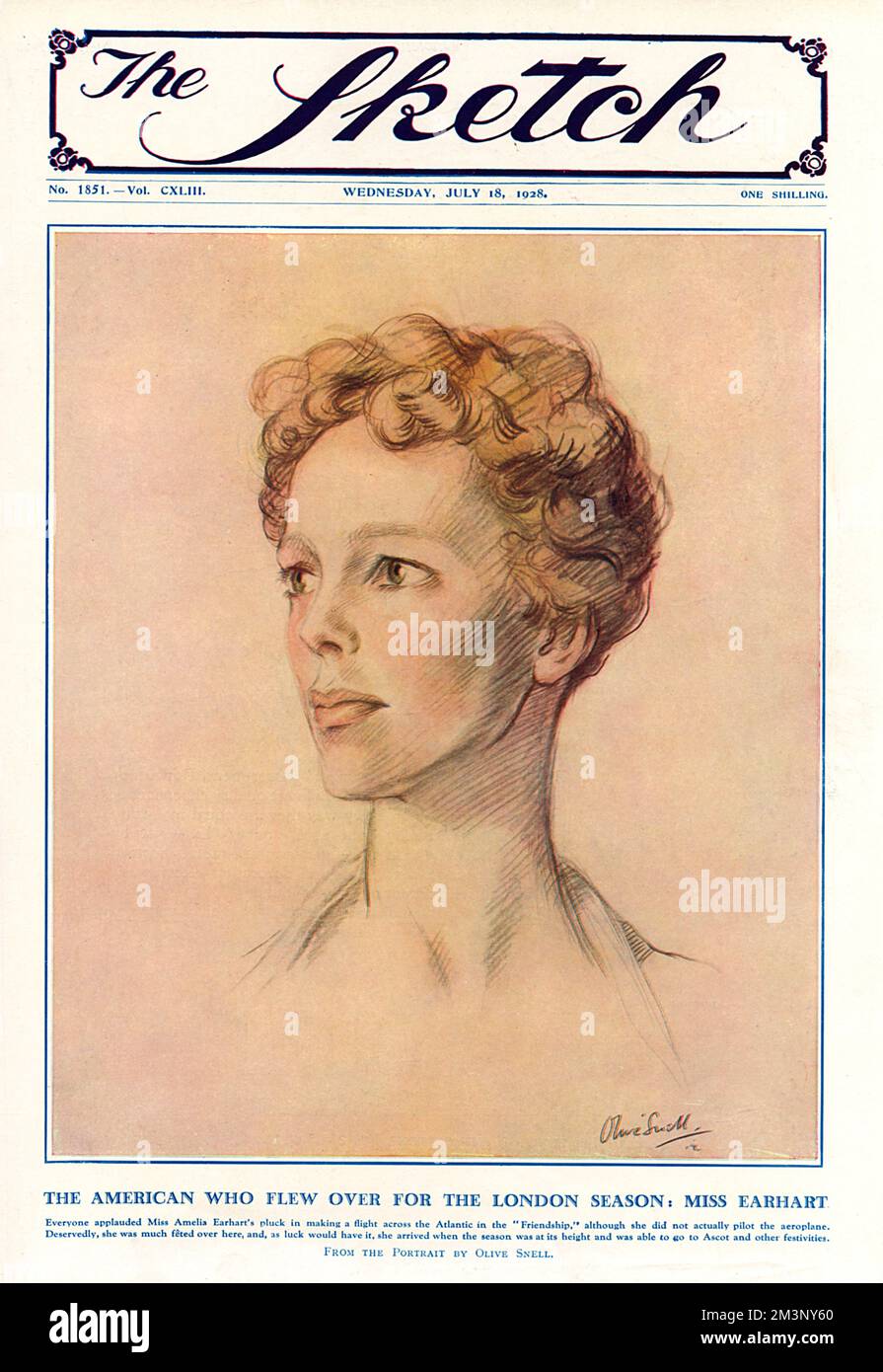 Portrait of pioneering American aviator, Amelia Earhart (1897 - 1937) by society portraitist Olive Snell on the front cover of The Sketch magazine.       Date: 1928 Stock Photo