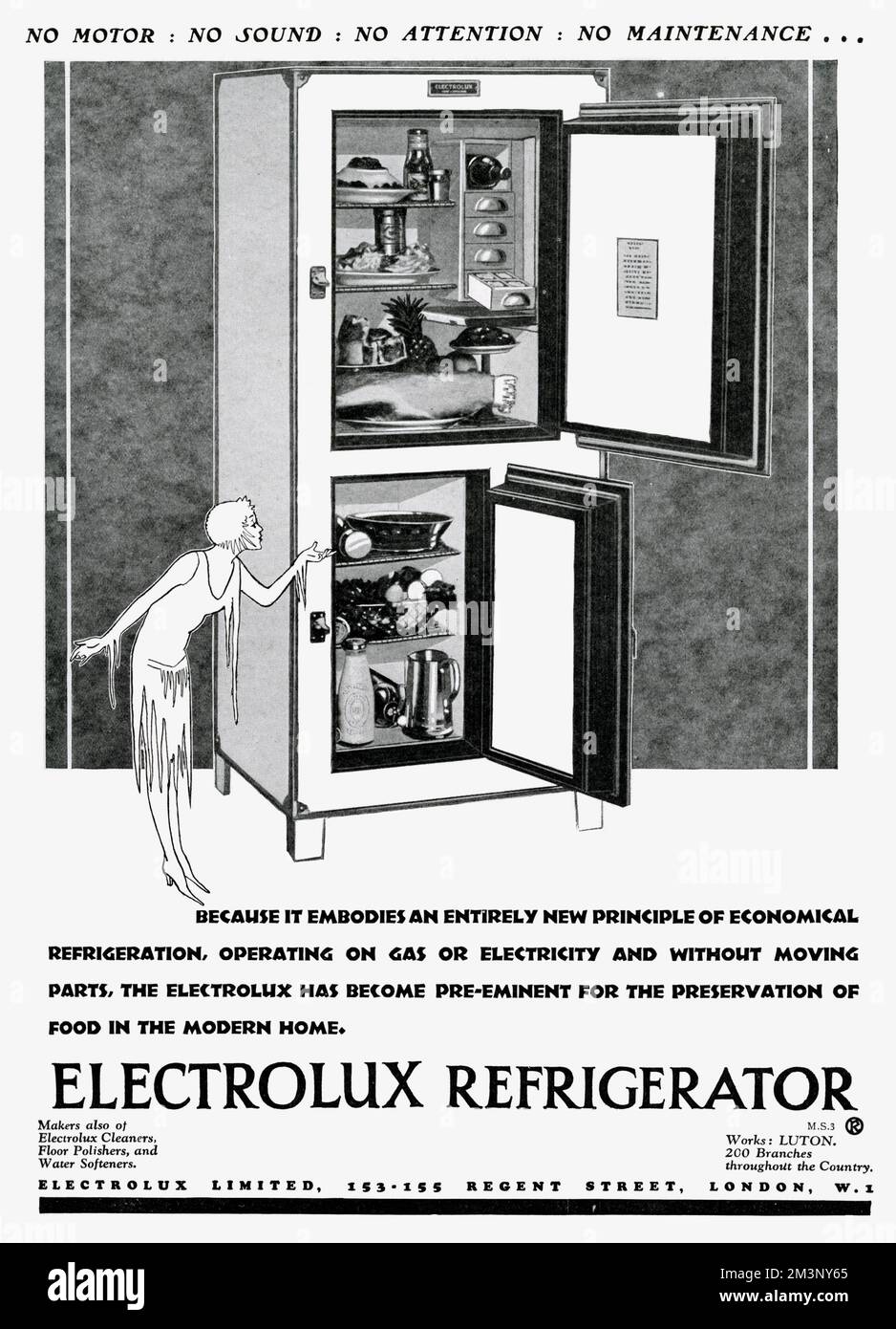 'No motor : no sound  : no attention : no maintenance. . . Because it embodies an entirely new priniple of economical refrigeration, operating on gas or electricity and without moving parts, the electrolux has become pre-eminent for the preservation of food in the modern home.     Date: 1928 Stock Photo