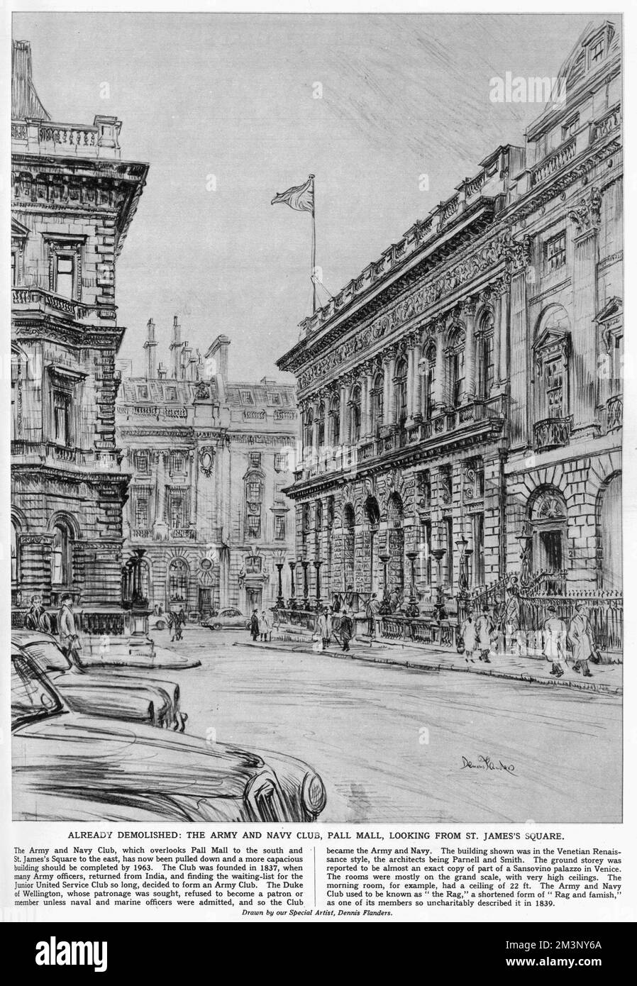 The Army and Navy Club which overlooks Pall Mall to the south and Sr. James's to the east, and was recently pulled down in order that a more capacious building should be completed by 1963. The club was founded in 1837 when many army officers returned from India and , finding the waiting-list for the Junior United Service Club so long, decided to form an Army Club. The Duke of Wellington refused to be patron unless the navy was also included, hence it became The Army and Navy Club.     Date: 1962 Stock Photo