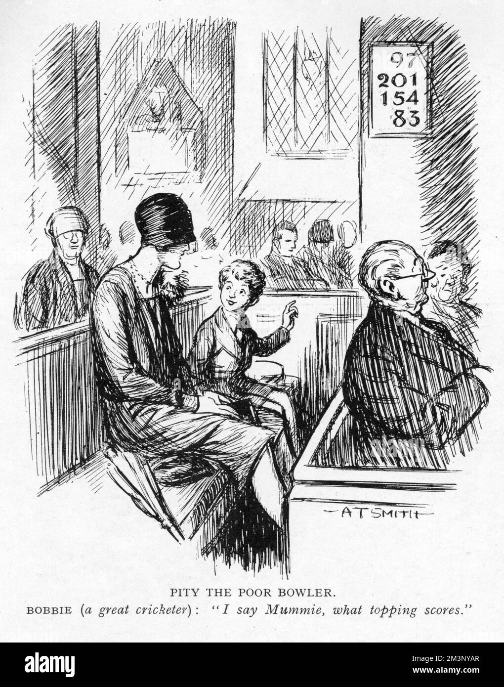Humorous cartoon showing a small boy in church with his mother, pointing out the hymn numbers on the wall, and mistaking them for cricket scores.    Bobbie ( a great cricketer): &quot;I say Mummie, what topping scores.&quot;     Date: 1928 Stock Photo