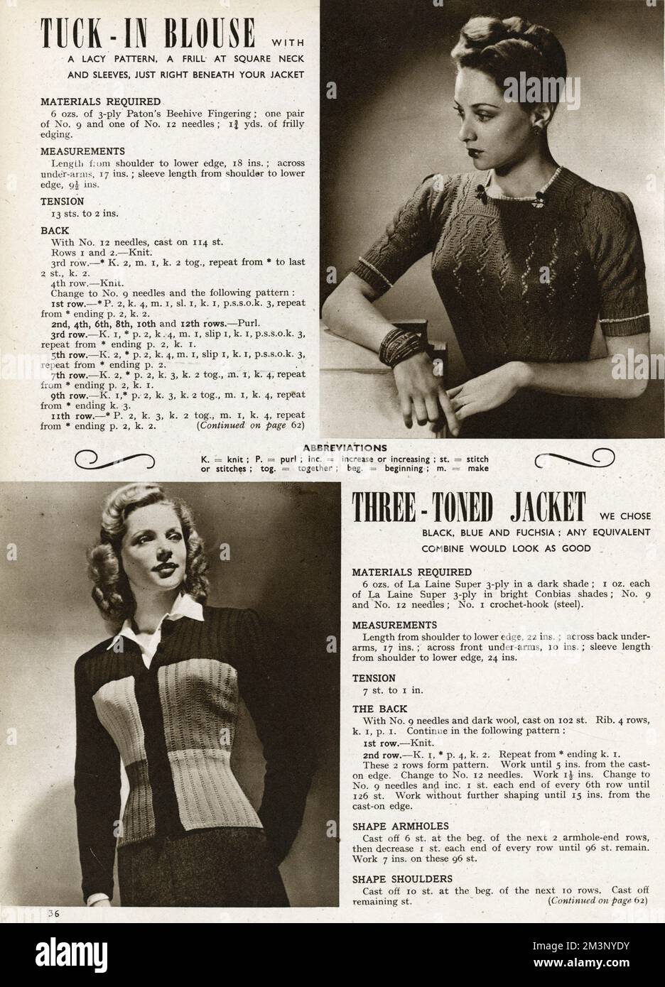 A 1940s knitting pattern providing instructions on how to make a tuck in blouse and three-toned jacket.  With the onset of World War Two and the introduction of rationing, many chose to knit their own clothes as a cheaper alternative.  1944 Stock Photo