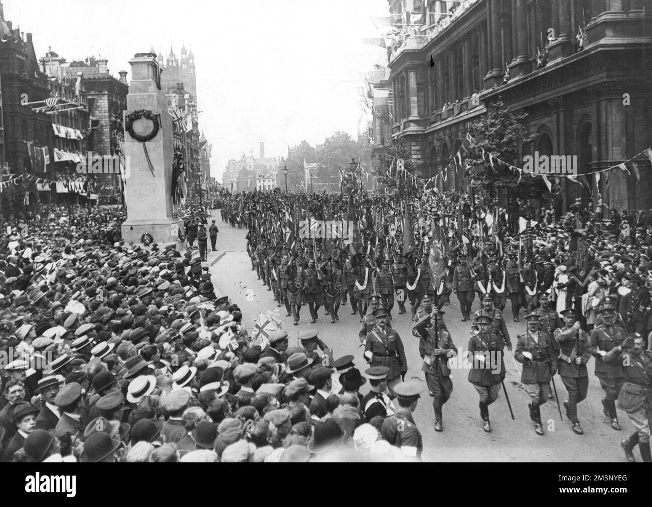 The British contingent of the Victory Parade in Whitehall passing the Cenotaph on Peace Day, 19th July 1919.     Date: 19th July 1919 Stock Photo