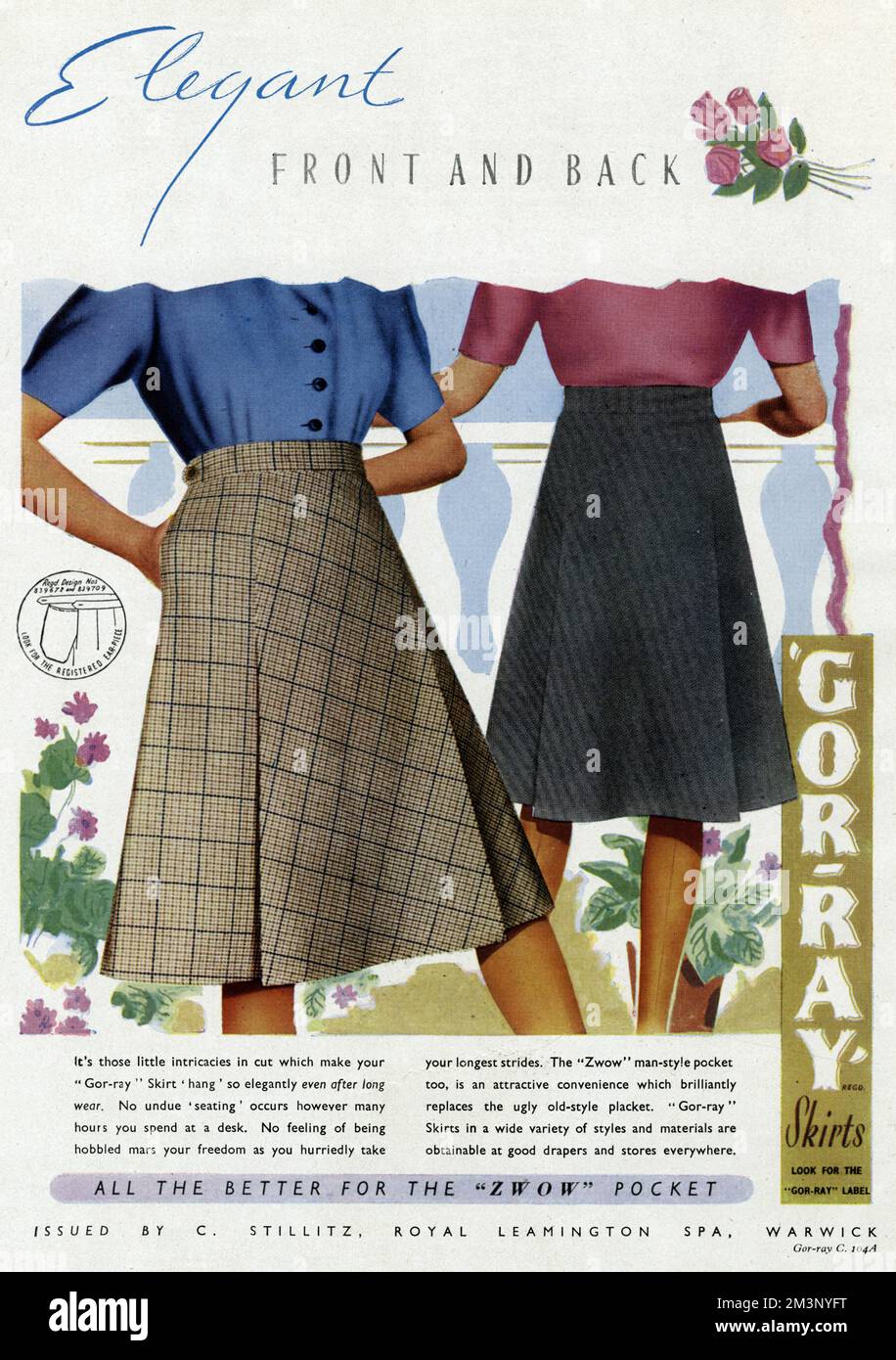 'Elegant front and back'.  It's those little intricacies in cut which make your 'Gor-ray' skirt hang so elegantly even after long wear.  No undue 'seating' occurs however many hours you spend at a deck.  No feeling of being hobbled mars your freedom as you hurriedly take your longest strides.  1945 Stock Photo