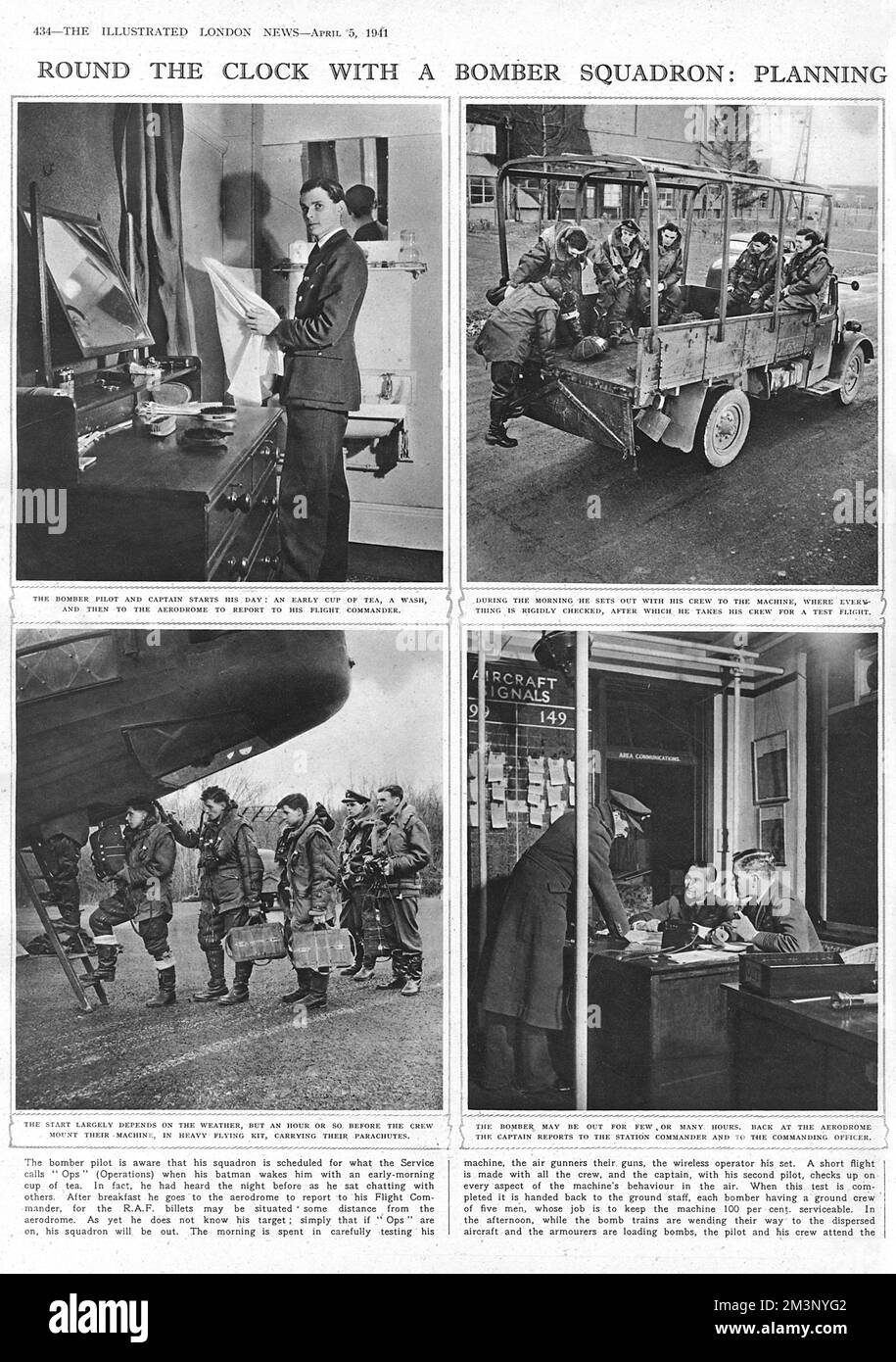 Round the clock with a bomber squadron. The bomber pilot and captain starts his day with a wash; he sets out with his crew on the back of a vehicle; the crew climb a ladder to board the aircraft wearing heavy flying kit and carrying their parachutes; back at the aerodrome the captain reports to the station commander and commanding officer. First page of a double page spread of photographs in the Illustrated London News.     Date: 1941 Stock Photo