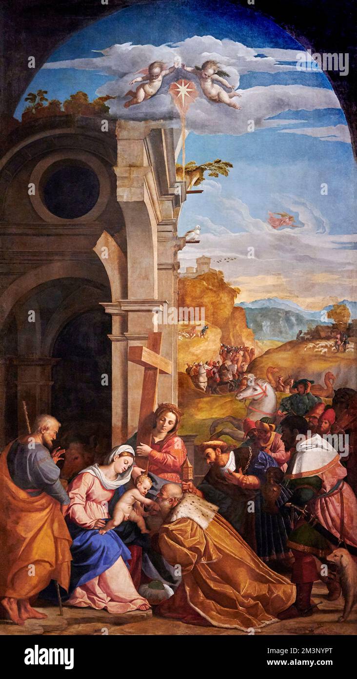 Adorazione dei Magi in presenza di S. Elena   - olio  su tela  - Jacopo Negretti detto Palma il Vecchio  - 1526   - Milano, Italia, Pinacoteca di Brer Stock Photo