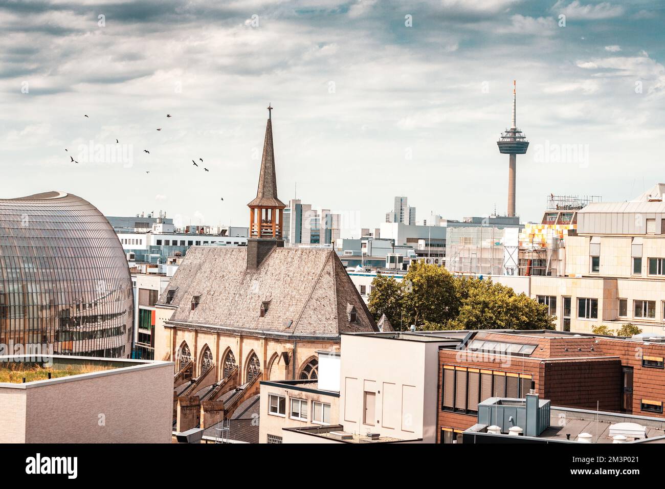 Distant aerial view of the Cologne city with the Antoniterkirche church