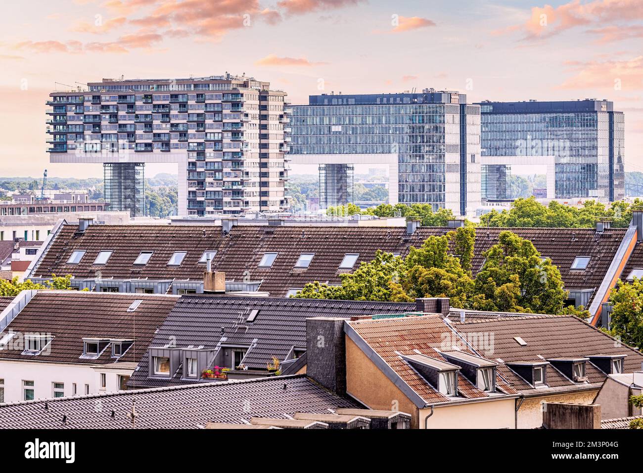 Aerial view of a Cologne cityscape skyline with historical and modern
