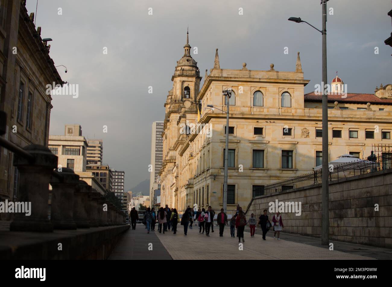 The Bolivar Square with ancient buildings and people walking in Bogota, Colombia Stock Photo