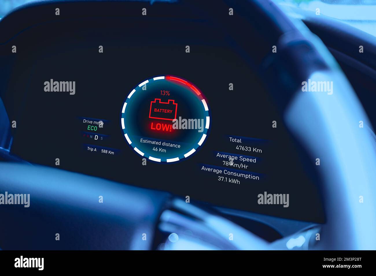 Low battery warning light on instrument panel of EV electric vehicle