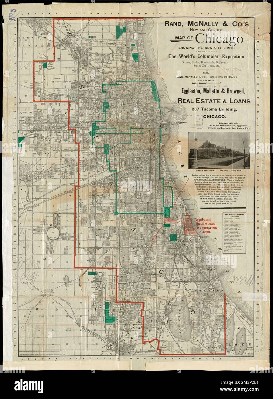 Rand, McNally & Co.'s new and concise map of Chicago : showing the city limits and location of the world's Columbian Exposition, streets, parks, boulevards, railroads, street car lines, etc. , Chicago Ill., Maps Norman B. Leventhal Map Center Collection Stock Photo