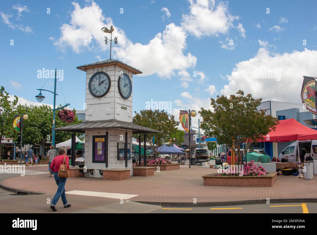 The town square in Blenheim in New Zealand, with a clock tower and shops Stock Photo