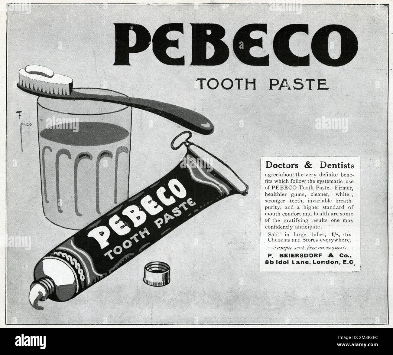 Advertisement for Pebeco toothpaste, by doctors and dentists. Free sample from P