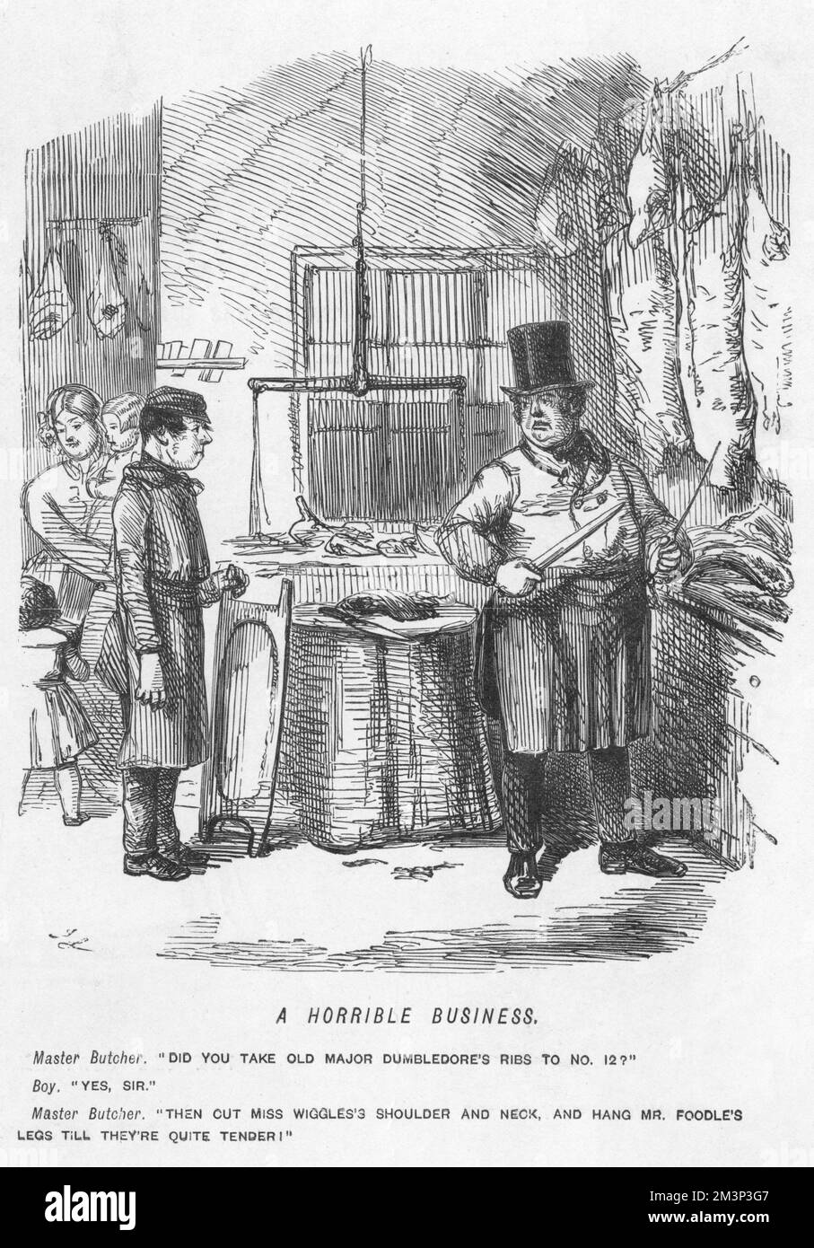 Humourous scene from a butcher's shop, 1851.    Master Butcher: &quot; Did you take old Major Dumbledore's ribs to No. 12?&quot;  Boy: &quot;Yes, Sir.&quot;  Master Butcher: &quot;Then cut Miss Wiggle's shoulder and neck, and hang Mrs. Foodles's legs til they're quite tender!&quot;       Date: 1851 Stock Photo