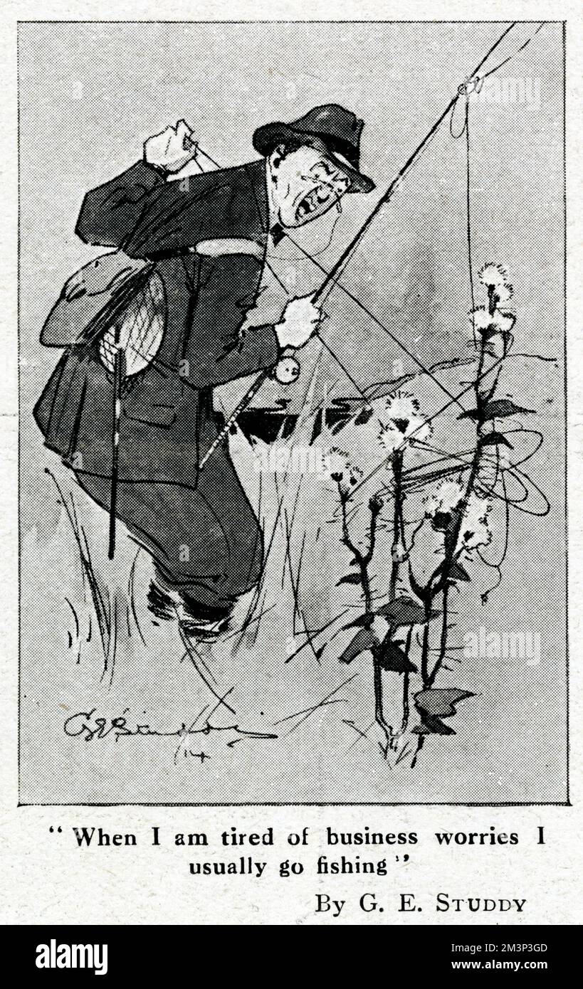 Cartoon showing a man with his fishing line caught up on a plant -- When I am tired of business worries I usually go fishing.      Date: 1914 Stock Photo