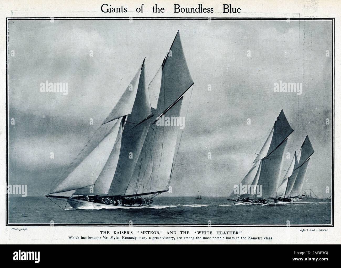 Yachts 'Meteor' (belonging to Kaiser Wilhelm II) and 'White Heather' (belonging to Mr Myles Kennedy) at sea during the Cowes Regatta, Isle of Wight.  They were taking part in the 23-metre class.      Date: 1914 Stock Photo