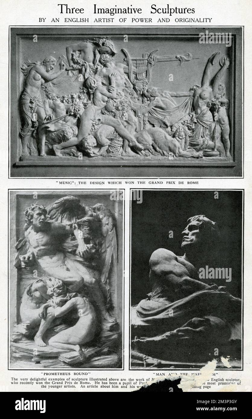 Three works by Charles Sargeant Jagger (1885-1934), British sculptor.  At the top: Music, the design which won him the Prix de Rome in 1914.  Lower left: Prometheus Bound.  Lower right: Man and the Maelstrom.  Jagger is best known for his war memorials, especially the Royal Artillery Memorial in London, which he produced following active service during the First World War.      Date: 1914 Stock Photo