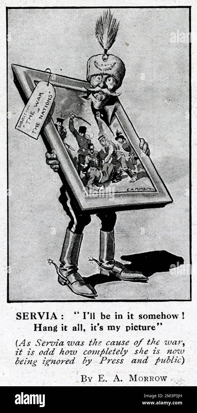 Cartoon, I'll be in it somehow! Hang it all, it's my picture.  Showing a caricature of King Peter I of Serbia (1844-1921, reigned 1903-1921) with his head poking through a damaged painting entitled 'The War of the Nations'.  A comment on the assassination of Archduke Franz Ferdinand while on a visit to Serbia, which led to the outbreak of the First World War.       Date: August 1914 Stock Photo