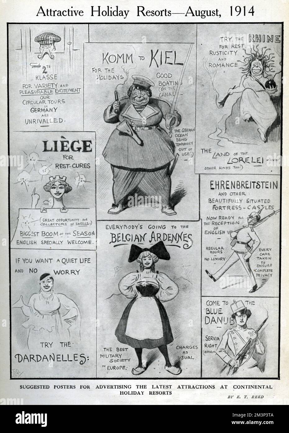 Cartoon, Attractive Holiday Resorts, August 1914, WW1.  Showing suggested posters for advertising the latest attractions at continental holiday resorts, including boating on the canal at Kiel, Germany, rest cures at Liege, Belgium, a quiet life in the Dardanelles, Turkey, the Belgian Ardennes, rusticity and romance on the Rhine (an ugly Lorelei holds a bomb), Ehrenbreitstein and other fortress castles, Germany, and the Blue Danube, handy for Serbia.      Date: August 1914 Stock Photo