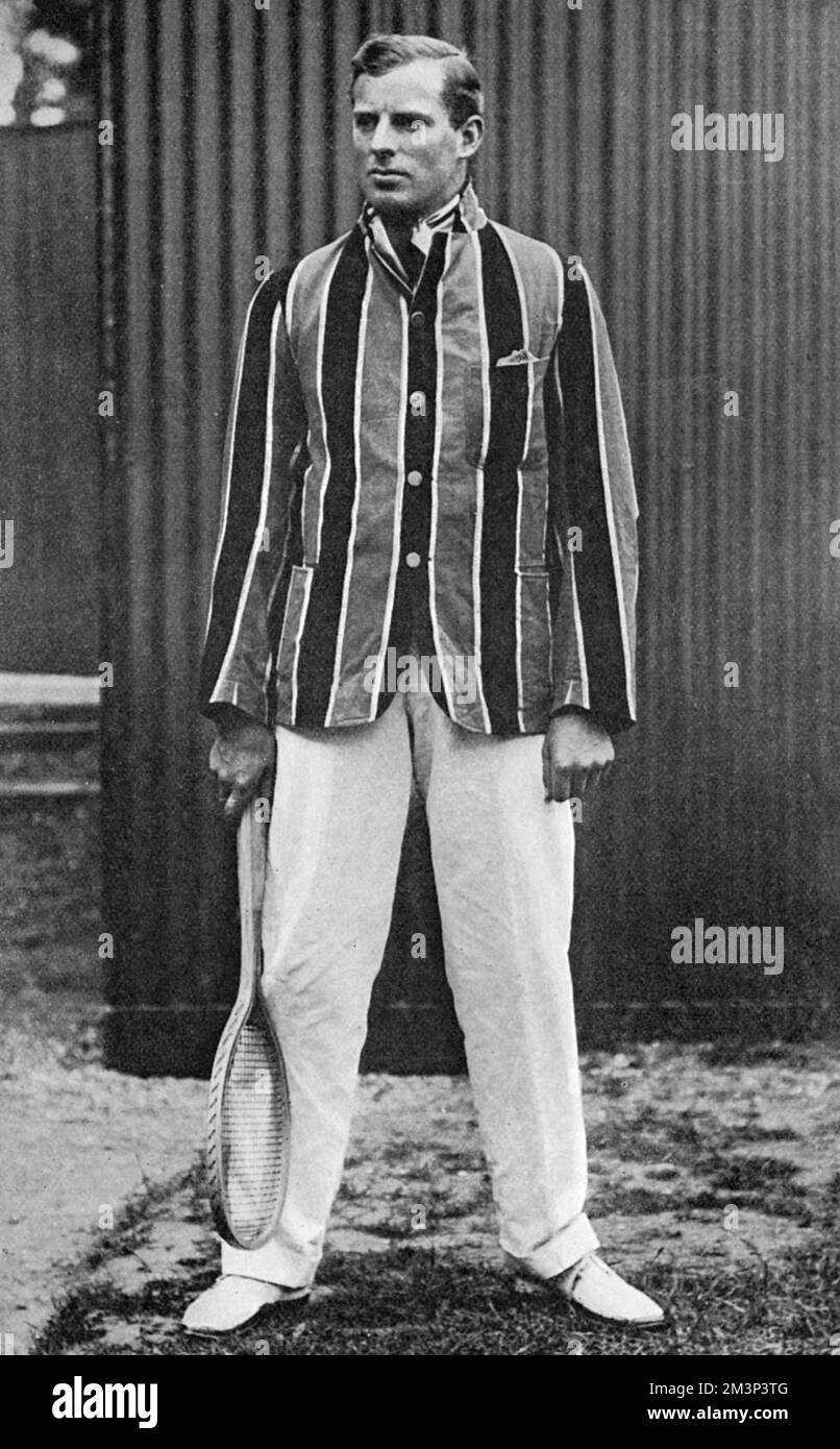 Photograph of New Zealand tennis player, Anthony Frederick Wilding, Wimbledon Mens Champion in 1910, 1911, 1912 and 1913. His championship run came to an end in 1914 when he was beaten by Australian, N. E. Brookes in three straight sets. Wilding died near Neuve Chapelle, France on 9 May 1915 while fighting in the Battle of Aubers Ridge.      Date: 1912 Stock Photo