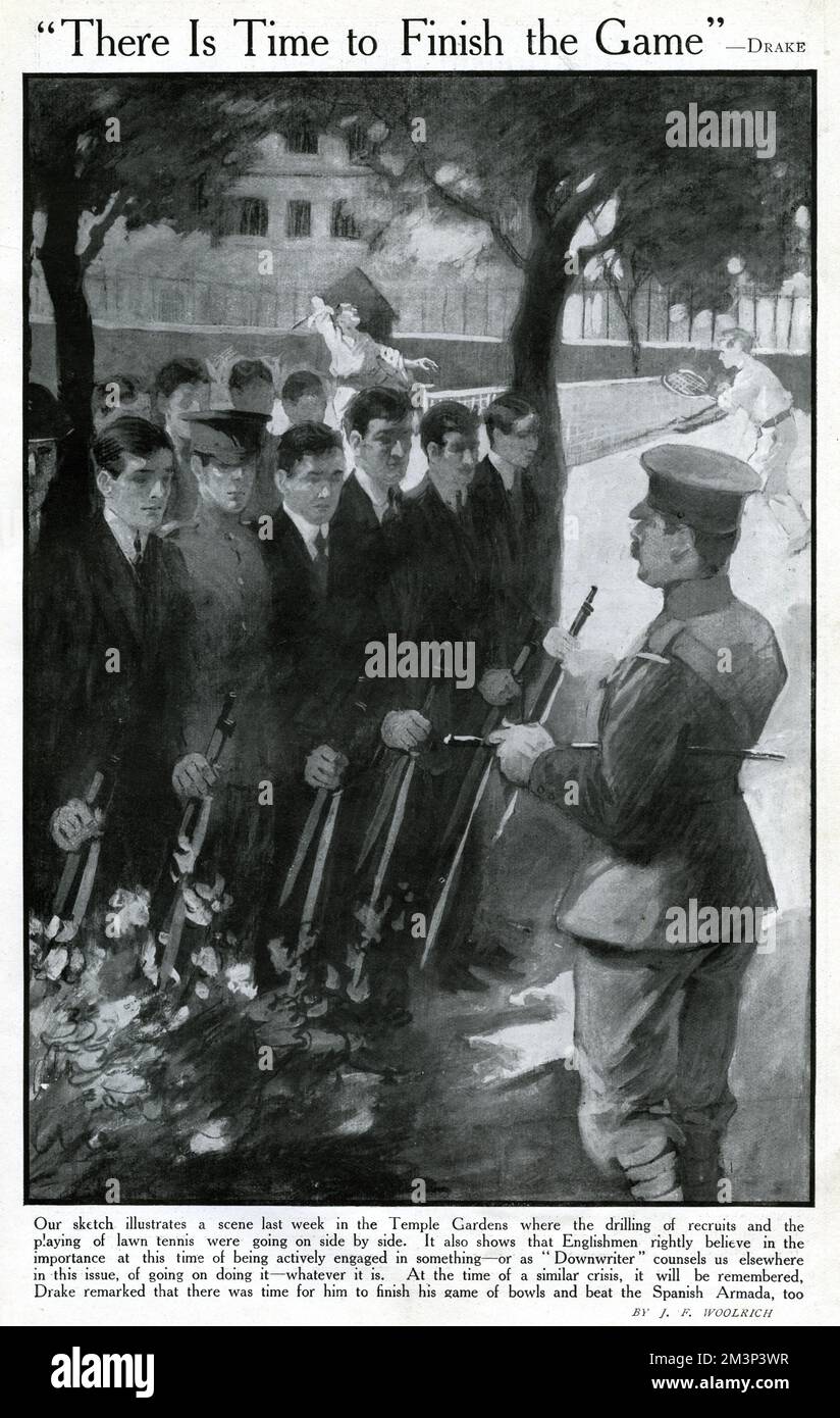 drilling-recruits-in-temple-gardens-london-at-the-start-of-the-first