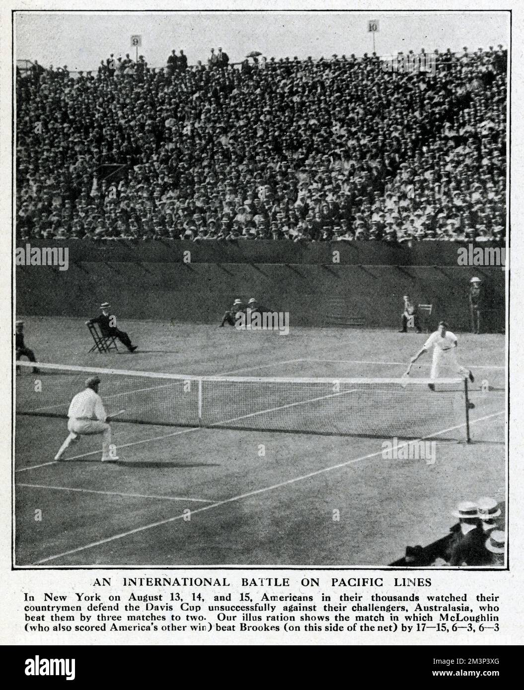 A Davis Cup tennis match between Maurice McLoughlin (America) and Norman Brookes (Australasia) in New York, USA.  McLoughlin won.       Date: August 1914 Stock Photo