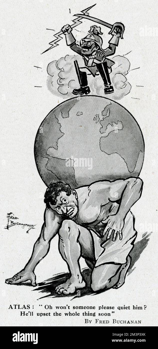Cartoon showing Kaiser Wilhelm II jumping around on top of a globe, supported by the mythological figure of Atlas, at the start of the First World War.       Date: 1914 Stock Photo