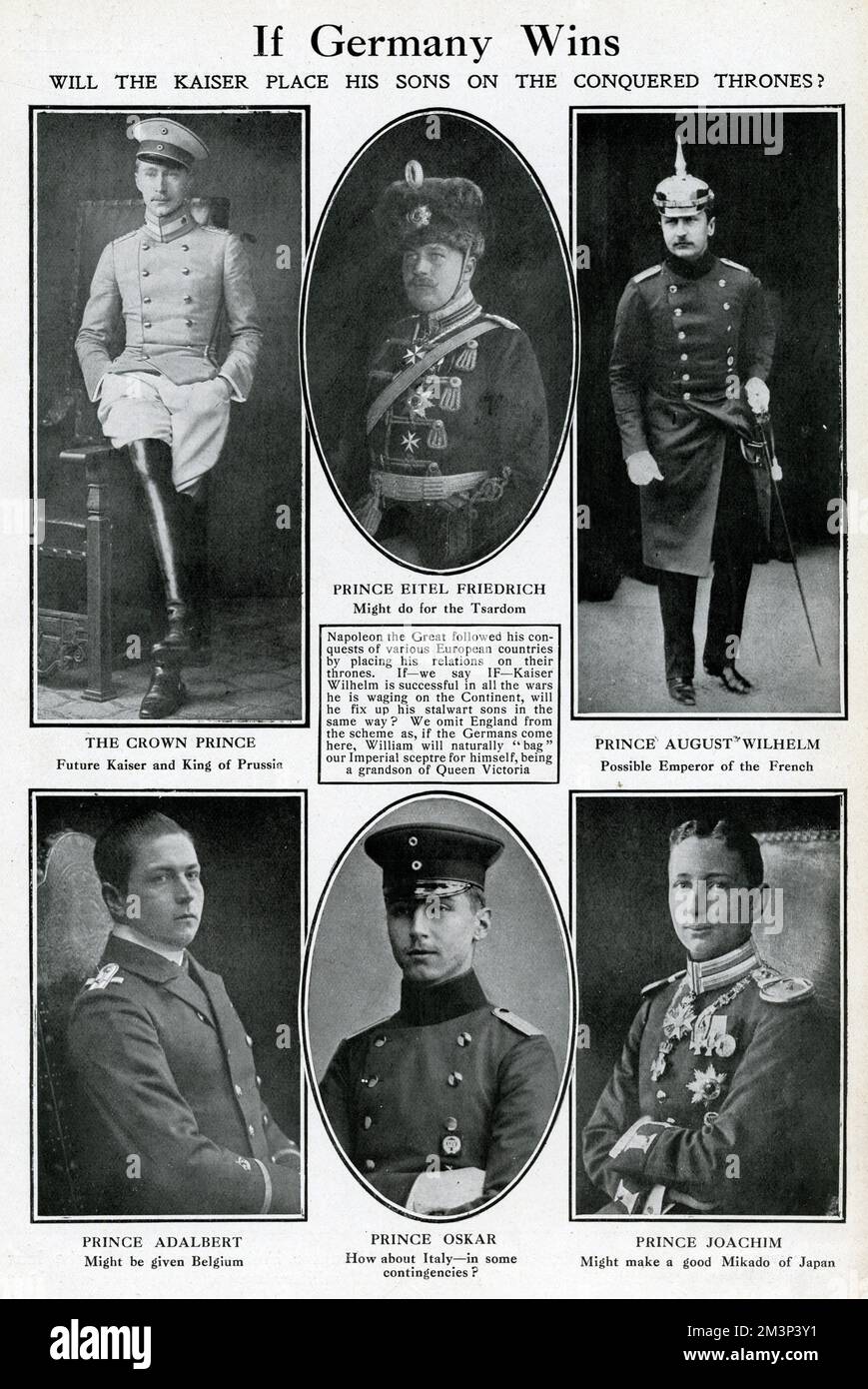 A rather sickening and defeatist (or perhaps tongue-in-cheek) item, suggesting what might happen if Germany wins the First World War.  Just as Napoleon placed his family members on various European thrones, so Wilhelm II might appoint his sons to different countries.       Date: 1914 Stock Photo
