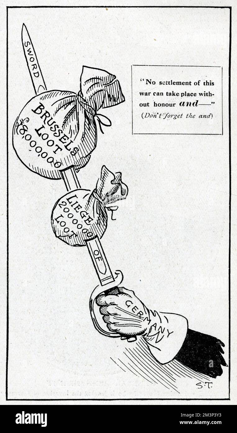 Cartoon showing a German sword with two moneybags impaled on it, representing loot taken from Brussels and Liege during the invasion of Belgium in the early days of the First World War.       Date: September 1914 Stock Photo