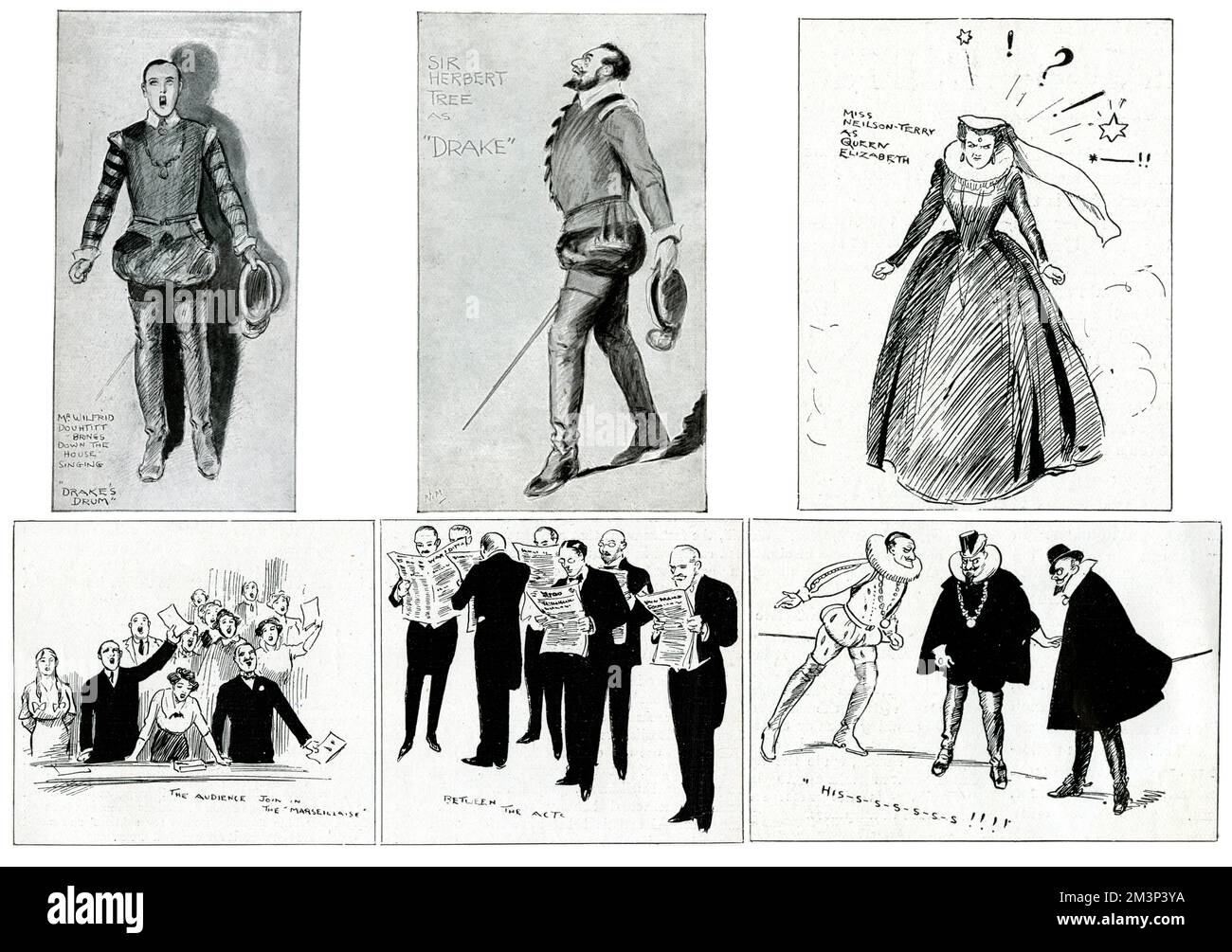 Six illustrations from a theatre production of Drake, a pageant-play in three acts by Louis Napoleon Parker, starring Sir Herbert Beerbohm Tree as Sir Francis Drake.  Showing four scenes from the play, the audience joining in by singing La Marseillaise, and men standing around reading the latest war news during the interval.  The production took place at His Majesty's Theatre, Haymarket, London.      Date: August 1914 Stock Photo