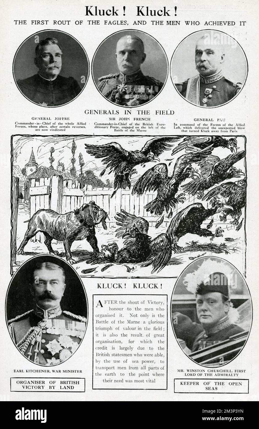Cartoon and portraits, Kluck! Kluck!  A comment on the defeat of General Alexander von Kluck in the Battle of the Marne, turning the German invaders away from Paris in the early days of the First World War.  Generals in the field were the French generals Joffre and Pau, and British general Sir John French.  Organisers by land and sea were Lord Kitchener (War Minister) and Winston Churchill (First Lord of the Admiralty).  At the centre is a cartoon of the British Bulldog seeing off a flock of German eagles.      Date: August-September 1914 Stock Photo