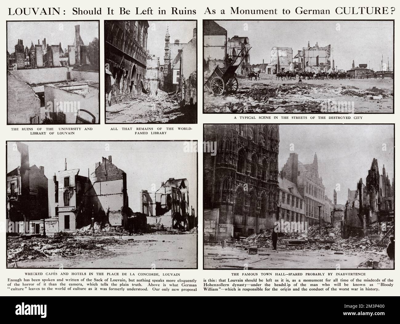 Scenes of devastation in Louvain, Belgium, in the early weeks of the First World War.  Showing the ruins of the university and library, a typical street scene, wrecked cafes and hotels in the Place de la Concorde, and the famous town hall one of the few buildings left standing.       Date: 1914 Stock Photo