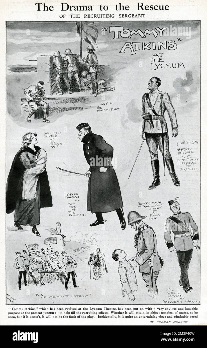 Scenes from a play entitled Tommy Atkins, at the Lyceum Theatre, London.  It was no doubt put into production to help encourage recruitment in the early days of the First World War.  Actors included Herbert Williams, Jessie Winter, Fred Morgan, Henry Lonsdale, Frank Lister and Maitland Marler.  The play featured the popular wartime song, It's a Long Way to Tipperary.       Date: September 1914 Stock Photo