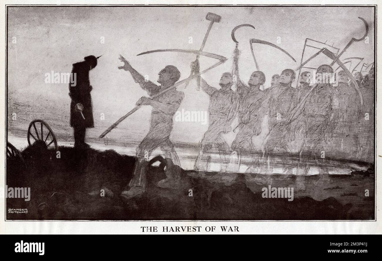 Cartoon, The Harvest of War, showing a German general with his head bowed on a battlefield, while the ghosts of dead soldiers march past with agricultural implements, in the early weeks of the First World War.      Date: September 1914 Stock Photo