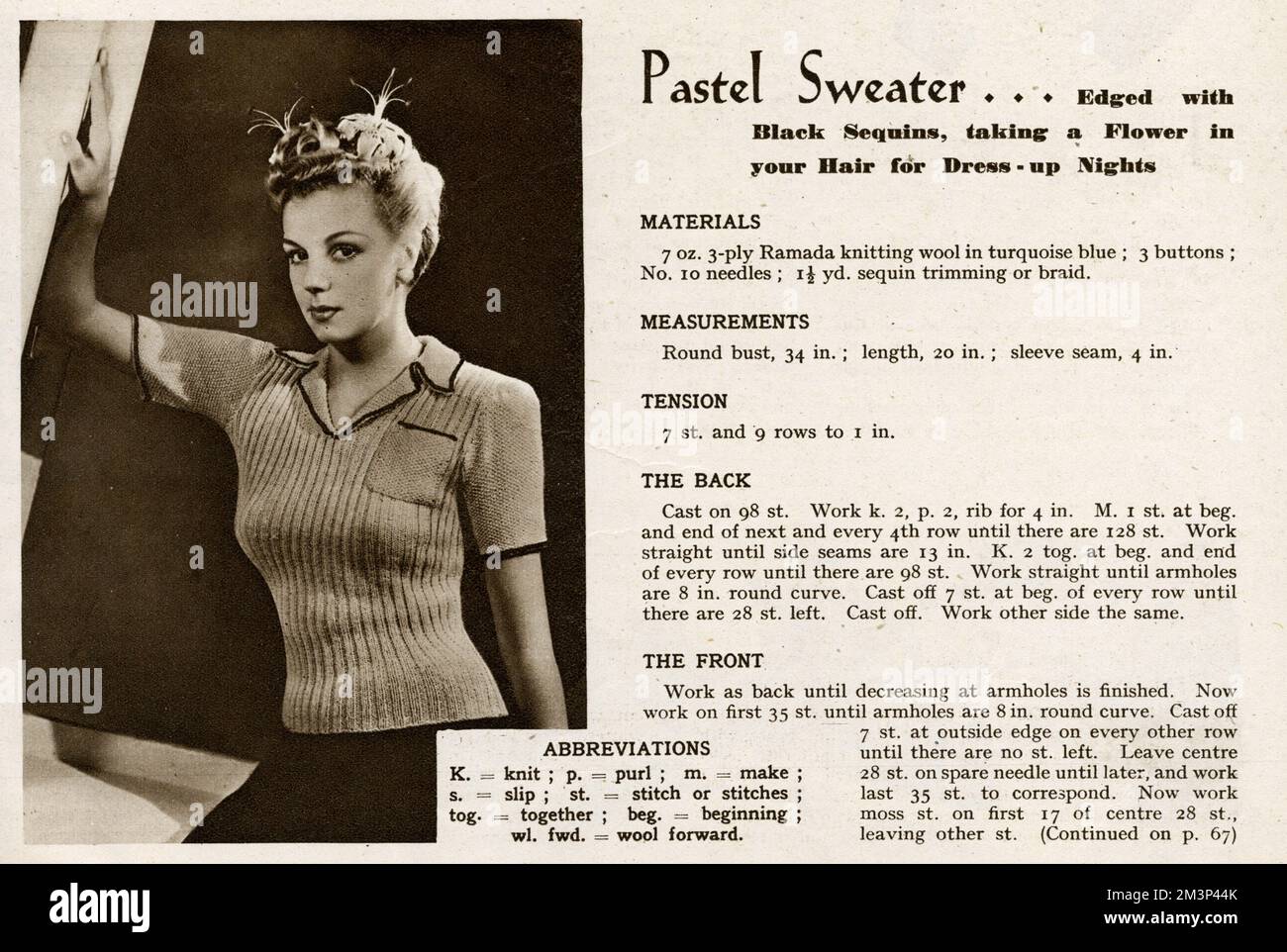 A 1940s knitting pattern providing instructions on how to make a pastel short sleeved sweater with black sequin edging.  With the onset of World War Two and the introduction of rationing, many chose to knit their own clothes as a cheaper alternative.  1943 Stock Photo