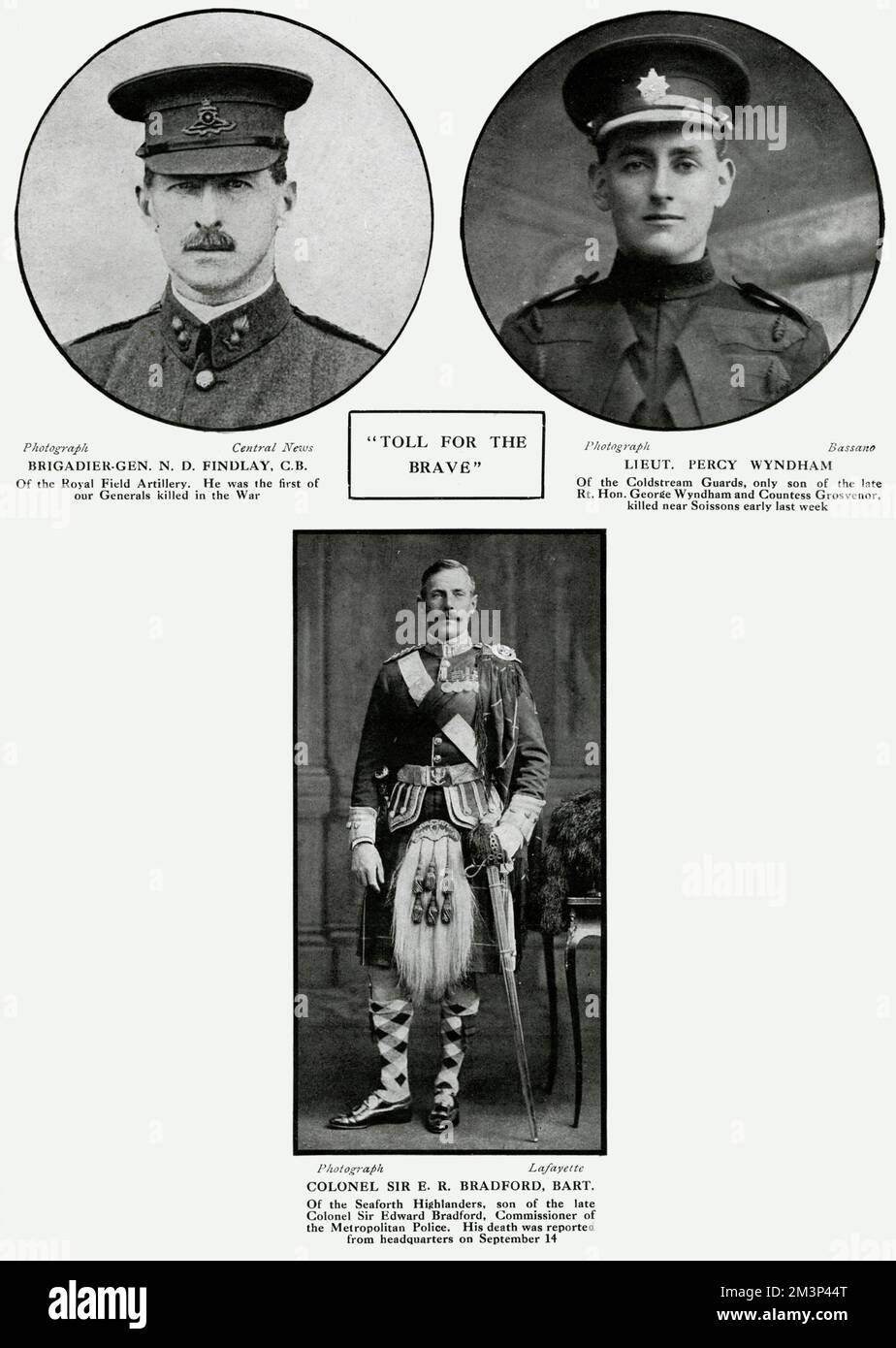 Three fallen soldiers during the early weeks of the First World War.  They are: Brigadier-General N D Findlay of the Royal Field Artillery, the first General to be killed; Lieutenant Percy Wyndham of the Coldstream Guards, killed near Soissons; Colonel Sir E R Bradford of the Seaforth Highlanders.       Date: September 1914 Stock Photo