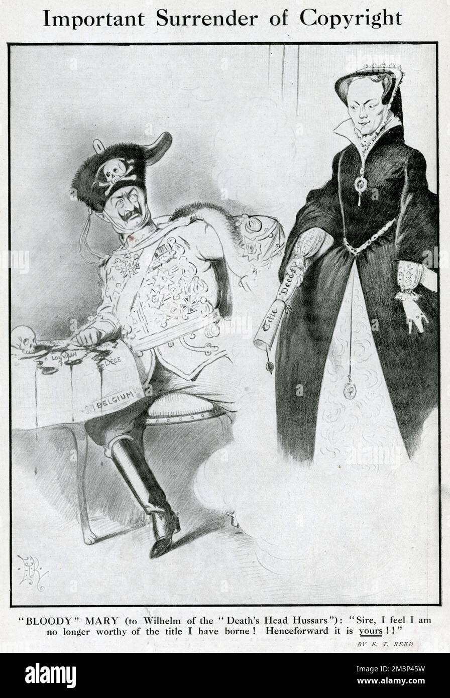 Cartoon, Important Surrender of Copyright. Showing Bloody Mary (Queen Mary I of England) handing