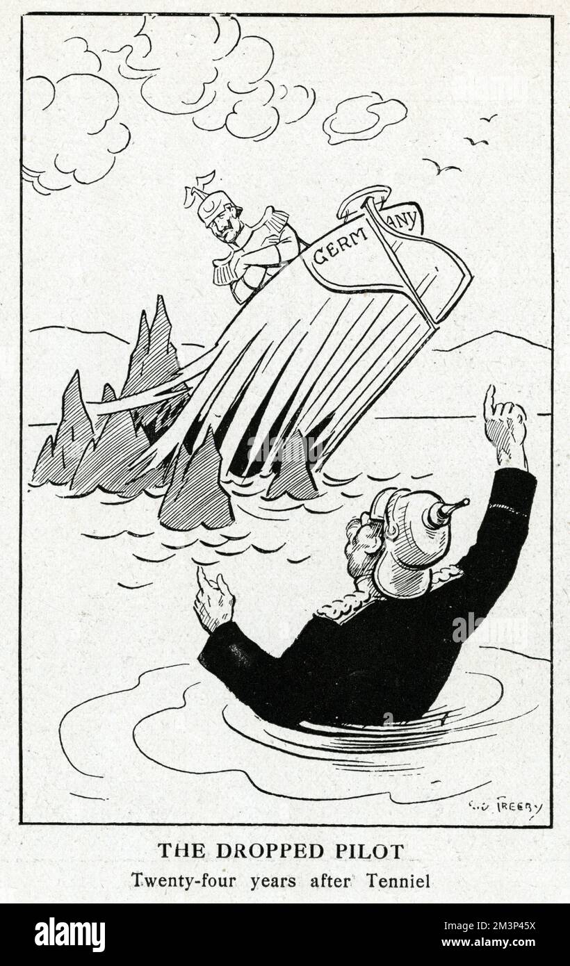 Cartoon, The Dropped Pilot, twenty-four years after Tenniel.  In Tenniel's Dropping the Pilot cartoon of 1890 Kaiser Wilhelm II watches as Bismarck disembarks from the ship (of state), but in Treeby's cartoon Bismarck is in the water up to his waist and the Kaiser's ship has foundered on the rocks and is sinking.       Date: September 1914 Stock Photo