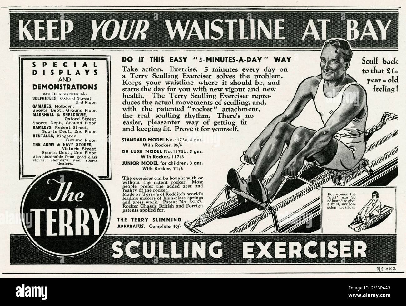 'Keep your waistline at bay'.  Do it this easy &quot;5 minutes-a-day&quot; way.  Take action.  Exercise. 5 minutes every day on a Terry Sculling Exerciser solves the problem.  Keeps your waistline where it should be, and starts the day for you with new vigour and new duces the actual movements of sculling, and, with the patented &quot;rocker&quot; attachment, the real sulling rhythm.  1933 Stock Photo