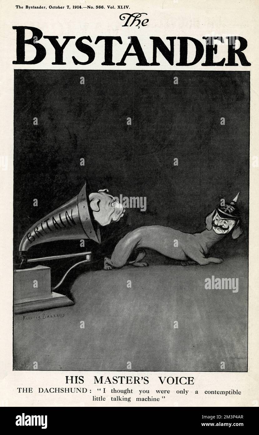 Cartoon, His Master's Voice, showing Kaiser Wilhelm as a German dachshund looking back at a British bulldog inside the amplifier of a wind-up gramophone, during the early stages of the First World War.  The dachshund says: I thought you were only a contemptible little talking machine.      Date: October 1914 Stock Photo