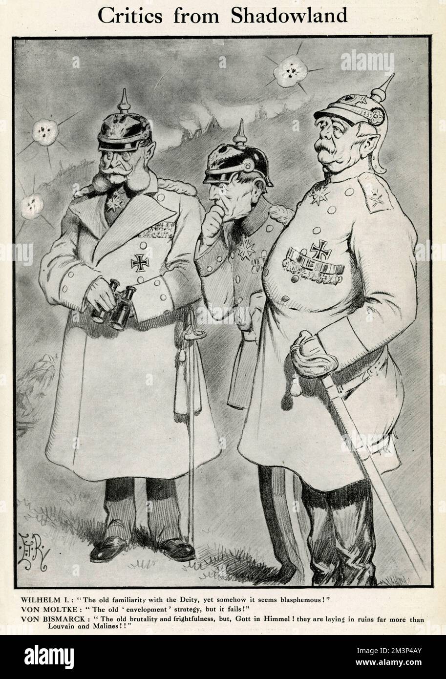 Cartoon, Critics from Shadowland, showing Kaiser Wilhelm I, Helmut von Moltke and Count Otto von Bismarck, as they appeared during the Franco-Prussian War of 1870-1.  They are not very happy at the way the First World War is being conducted.     Date: October 1914 Stock Photo