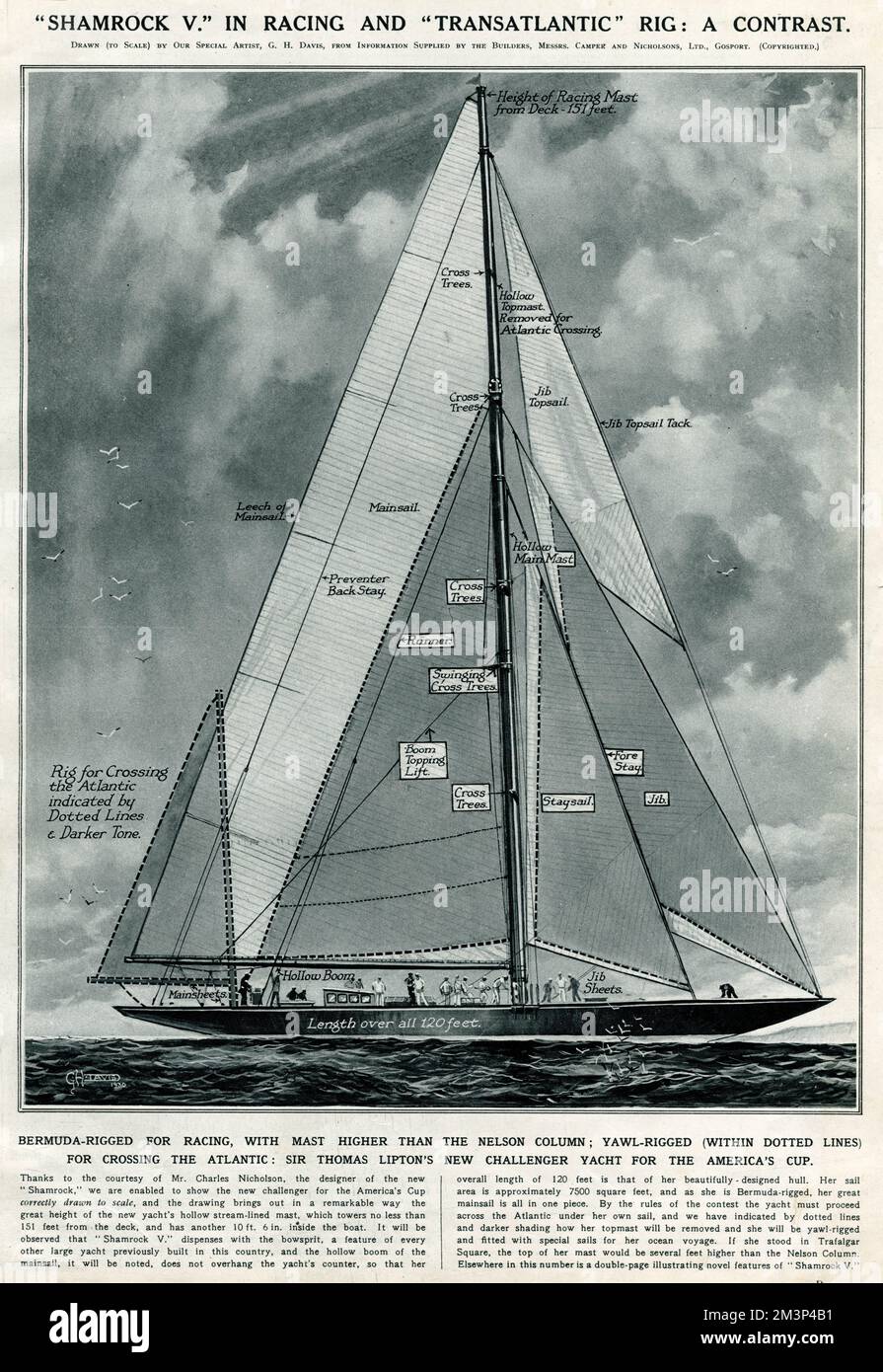 A diagram by G.H.Davis of the British Americas Cup challenger, Shamrock V, showing the difference between the configuration of the mast and sails for different sailing requirements. With the mast at full height (higher than Nelson's Column), Bermuda-rigged for racing, and (within the dotted lines) Yawl-rigged for Atlantic crossings. Owned by Sir Thomas Lipton, Shamrock V was defeated by the American yacht Enterprise in the Americas Cup races.     Date: 1930 Stock Photo