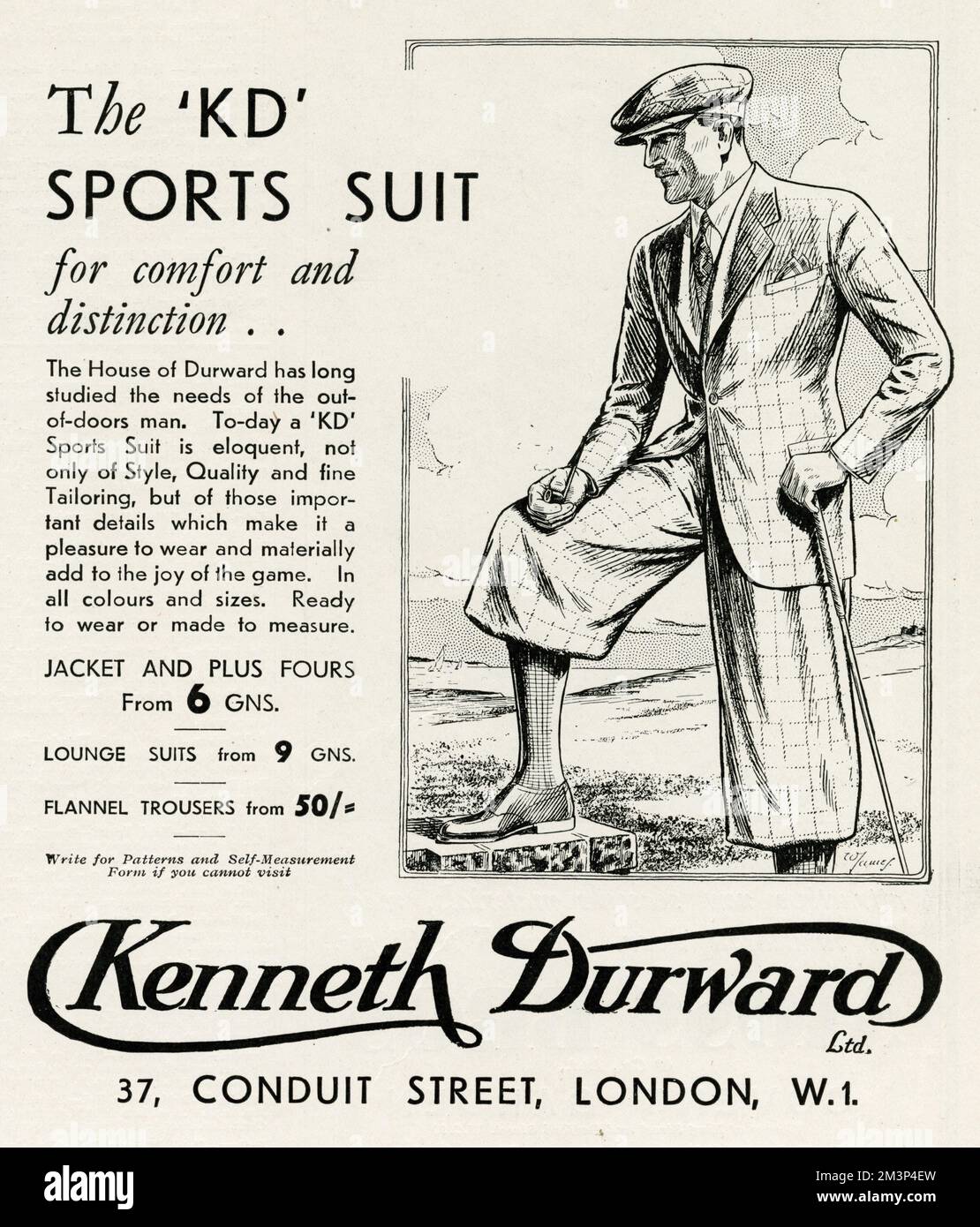 'The KD sports suit for comfort and distinction' . . The house of Durward has long studied the needs of the out-of doors man.  KD sports suit is eloquent, not only of style, quality and fine tailoring, but of those important details which make it a pleasure to wear and materially add to the joy of the game.  1934 Stock Photo