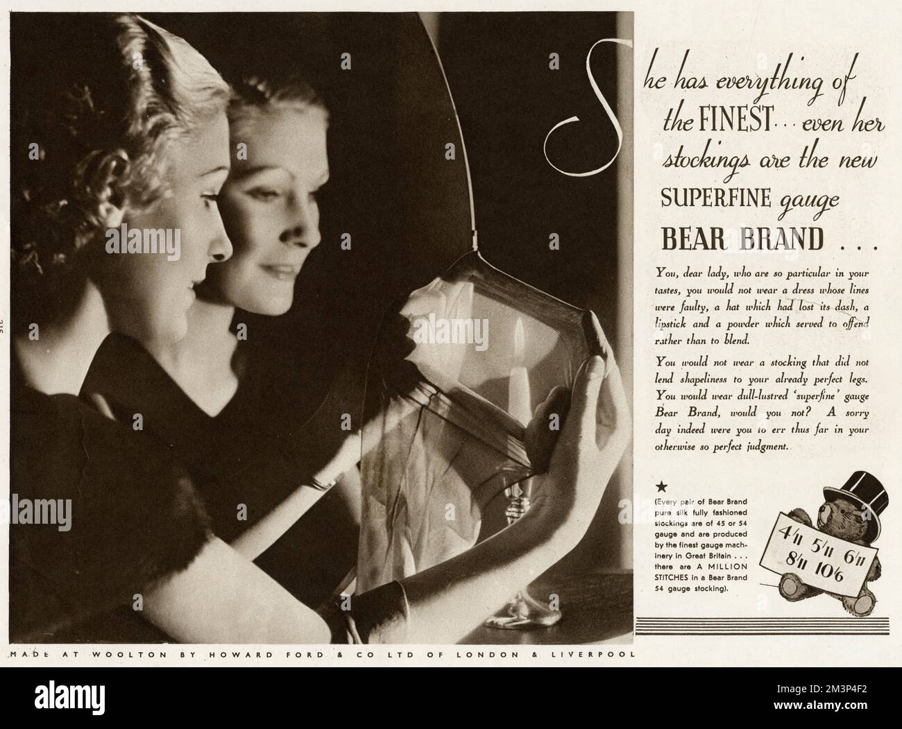 She has everything of the finest . . . even her stockings are the new superfine gauge Bear Brand. . .   1935 Stock Photo