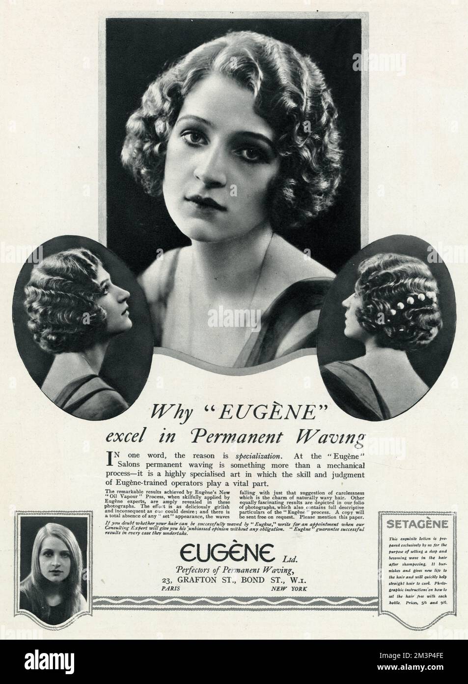 'Why Eugene excel in permanant  waving'.  In one word, the reasons is specializations. At the Eugene salons permanant waving is something more than a mechanical process - it is a highly specialised art in which the skill and judgment of Eugene - trained operators play a vital part.  1923 Stock Photo