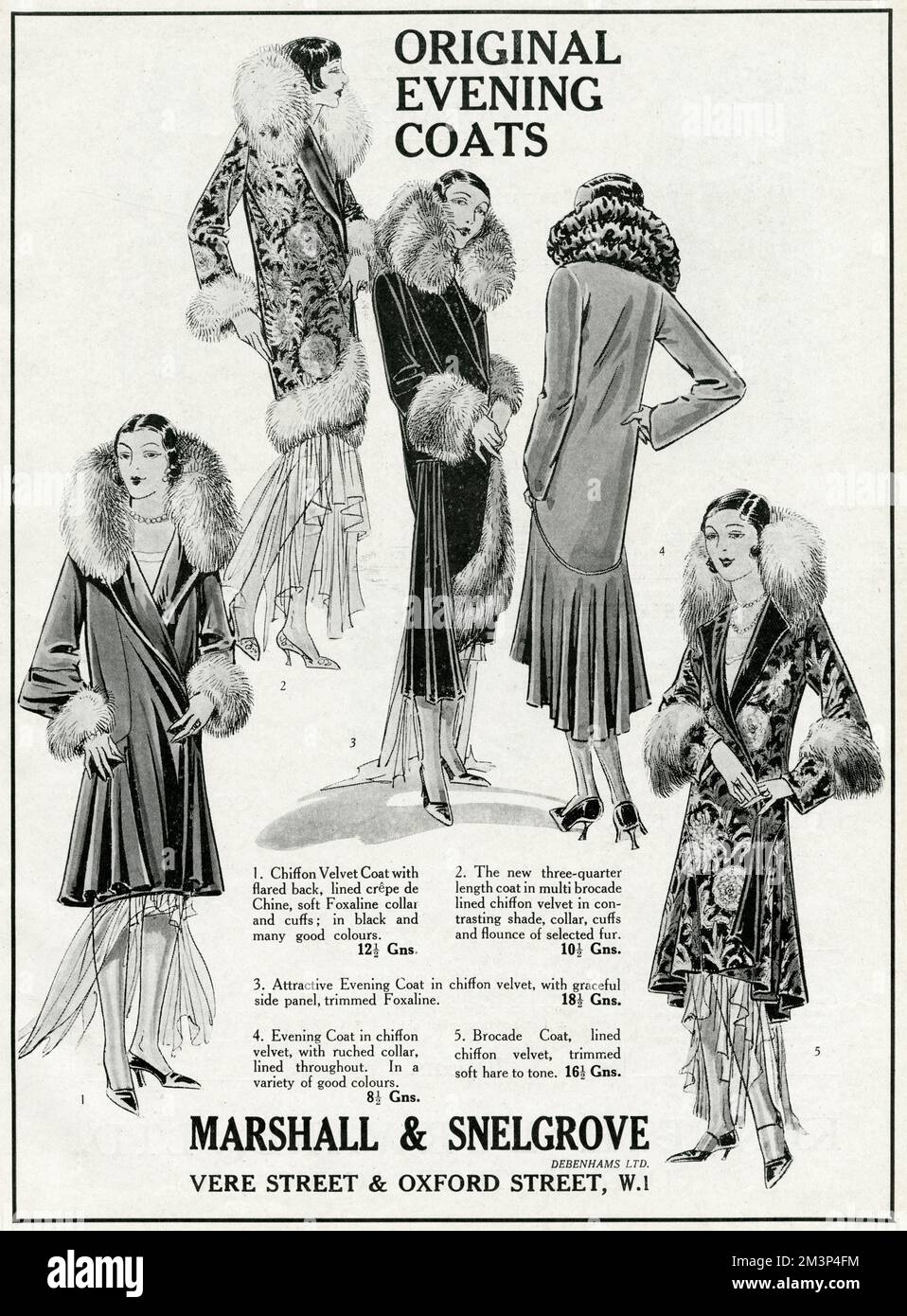 Selection of fashionable evening wrap around coats, with fur cuffs and   collars.     Date: 1929 Stock Photo