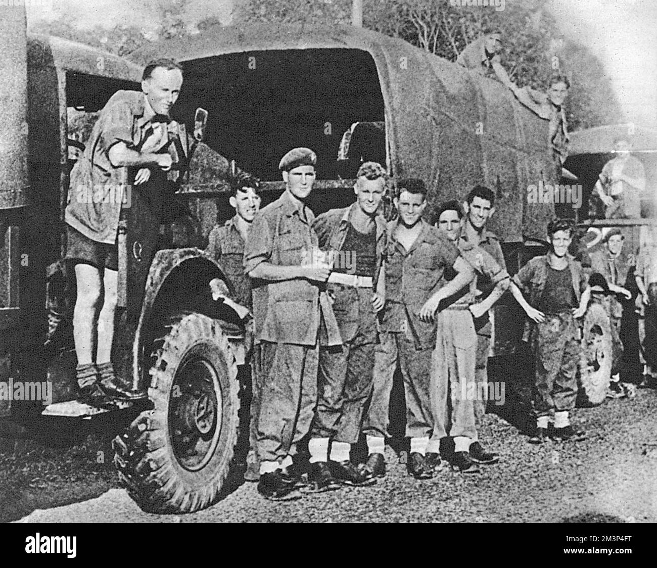 Some of the paratroopers, convicted of mutiny, pictured following their release.   In May 1946, at the Muar Camp in Malaya, over 250 privates refused to obey orders and were later charged with mutiny. Three were acquitted, eight sentenced to five years penal servitude and the rest two years imprisonment. The sentencing led to an outcry in the U.K. and M.P.s challenged the War Minister with regard to the legality of the trial. Two days after sentencing, the Judge Advocate-General quashed the sentences due to irregularities that made the trial unsatisfactory.     Date: 1946 Stock Photo
